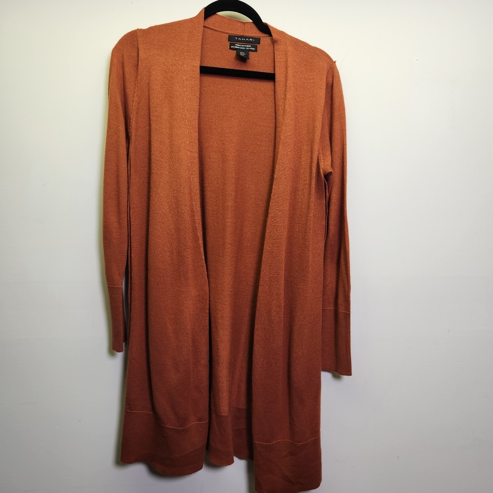 Tahari Merino Wool Blend Longline Open Cardigan Sweater Med Button Details